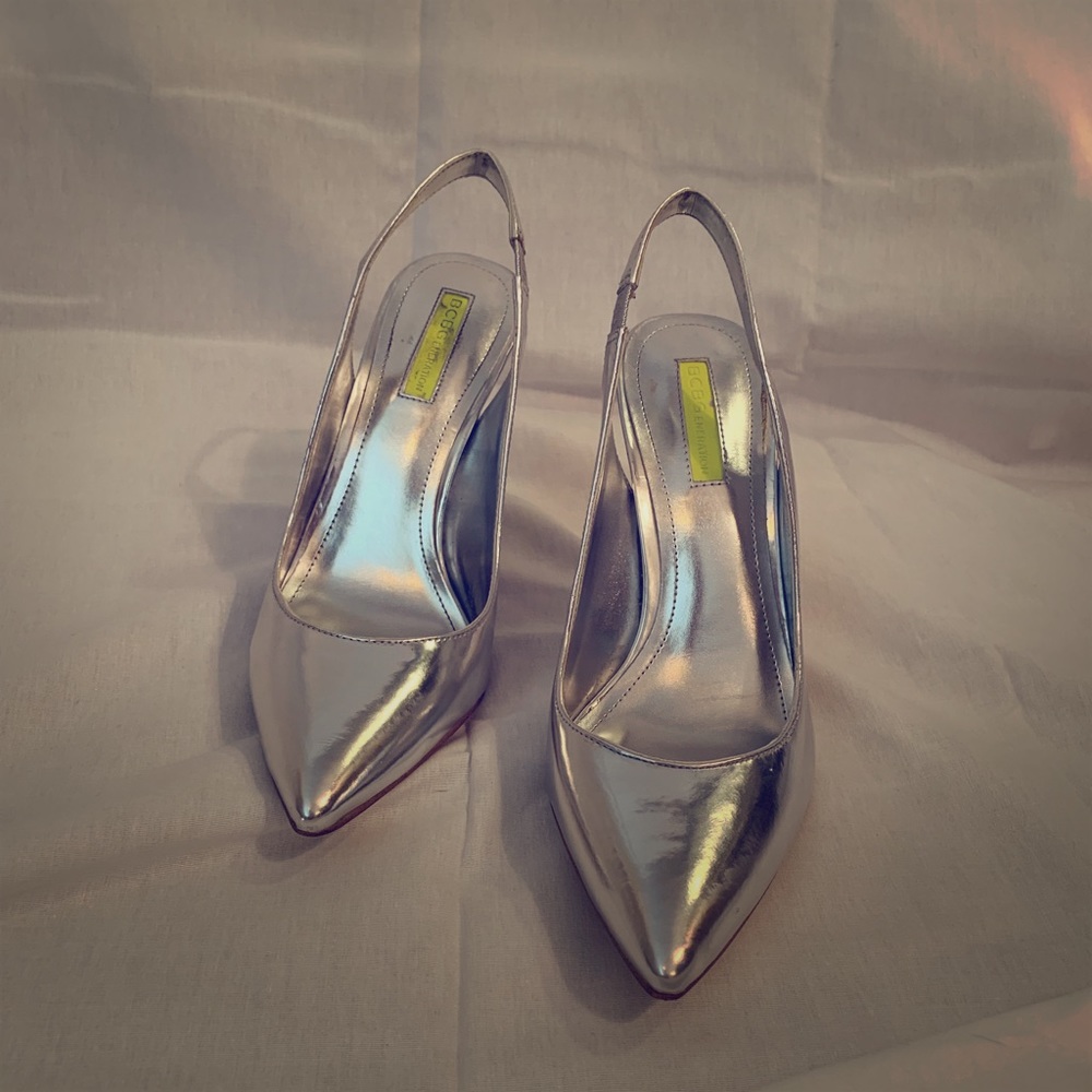 BCBG silver sling backs